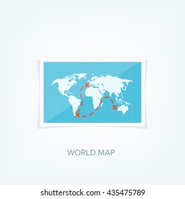 World map in a flat style.Earth,globe.Route planning.Map of Asia,Africa,North America,South America,Antarctica,Europe,Australia.Continents of the world on the map.World navigation system.GPS. 