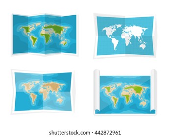 World map in a flat style.Earth,globe.Route planning.Map of Asia,Africa,North America,South America,Antarctica,Europe,Australia.Continents of the world on the map.World navigation system.GPS.