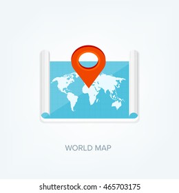 World map in a flat style.Earth,globe.Route planning.Map of Asia,Africa,North America,South America,Antarctica,Europe,Australia.Continents of the world on the map.World navigation system.GPS.