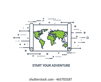 World map in a flat style.Earth,globe.Route planning.Map of Asia,Africa,North America,South America,Antarctica,Europe,Australia.Continents of the world on the map.World navigation system.GPS.