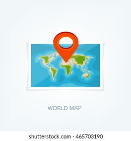 World map in a flat style.Earth,globe.Route planning.Map of Asia,Africa,North America,South America,Antarctica,Europe,Australia.Continents of the world on the map.World navigation system.GPS.