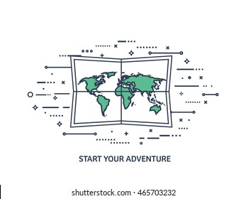 World map in a flat style.Earth,globe.Route planning.Map of Asia,Africa,North America,South America,Antarctica,Europe,Australia.Continents of the world on the map.World navigation system.GPS.