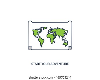 World map in a flat style.Earth,globe.Route planning.Map of Asia,Africa,North America,South America,Antarctica,Europe,Australia.Continents of the world on the map.World navigation system.GPS.
