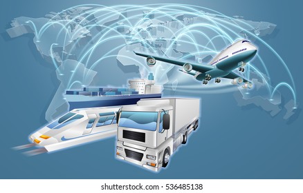 World map flight paths logistics background concept with plane, truck and train