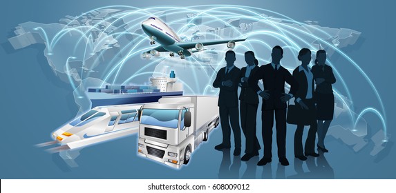 World map flight paths logistics background concept with business team, plane, truck and train