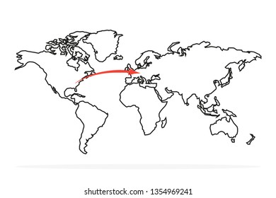 world map with flight route arrow, vector illustration
