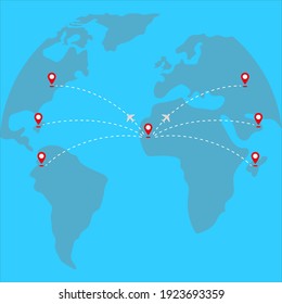 World map with flight routes airplanes in vector. plane and its track on background