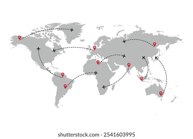 World map with flight routes, silhouettes of aircraft flights on the map. plane moves along the trajectory.