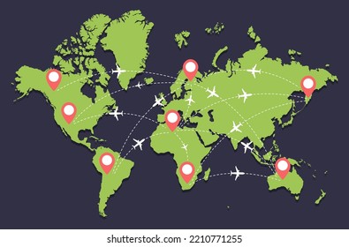 World map with flight routes. Vector illustration.