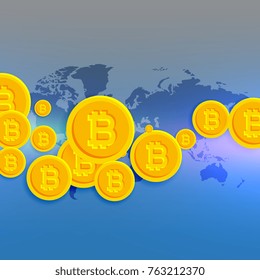 world map with floating bitcoins symbols
