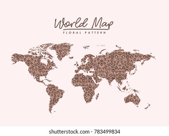 world map floral pattern stains on light pink background