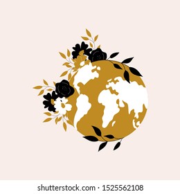 World map and flowers. Vector elements in a nature inspired illustration, perfect to use on the web or in print 