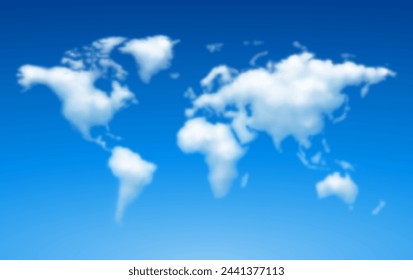 Mapa mundial de nubes esponjosas. Ilustración vectorial. Colores globales