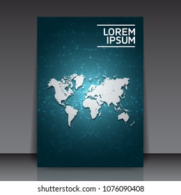 World Map Flyer Template with Abstract Network Mesh - Digital Internet Things of Technology Template Vector Editable Background