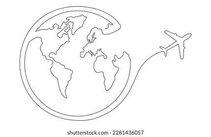 Mapa del mundo con un avión volador, arte de una línea. Dibujo continuo de la línea terrestre. Ilustración vectorial aislada en fondo blanco.