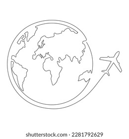 Weltkarte mit fliegendem Flugzeug mit einer Linie Kunst. Kontinuierliche Erdumlaufzeichnung. Vektorgrafik einzeln auf weißem Hintergrund.