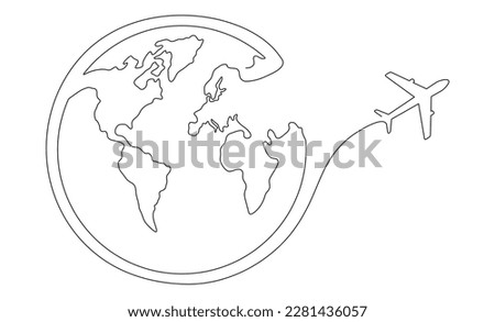 World map with flying airplane one line art. Continuous Earth globe line drawing. Vector illustration isolated on white background.