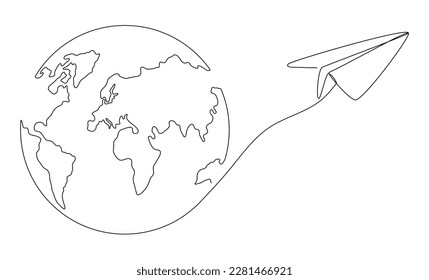 Mapa mundial con avión de papel volador, arte de una línea. Dibujo continuo de la línea terrestre. Ilustración vectorial aislada en fondo blanco.