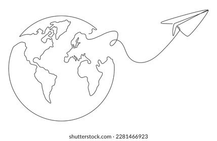 World map with flying paper airplane one line art. Continuous Earth globe line drawing. Vector illustration isolated on white background.