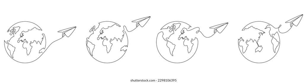 World map with flying paper airplane one line art set. Continuous Earth globe line drawing collection. Vector illustration isolated on white background.