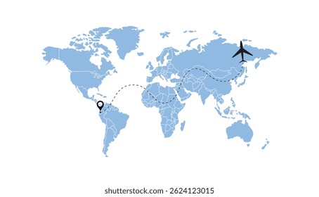  world map, flying white airplanes routes vector illustration