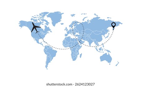  world map, flying white airplanes routes vector illustration