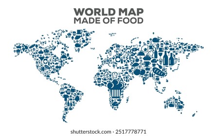 Weltkarte mit Lebensmitteln, Weltkarte mit sehr hoher Auflösung, einzeln auf weißem Hintergrund. Infografik, Flat Earth, Globus ähnliches Weltkarten-Symbol. Jahresbericht, Reisen weltweit, Karte Silhouette Hintergrund.