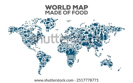 World Map With Food, Very high resolution world map, isolated on white background. Infographic, Flat Earth, Globe similar worldmap icon. annual report, Travel worldwide, map silhouette backdrop.
