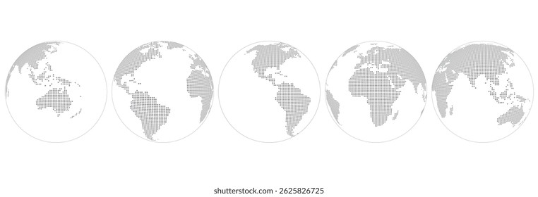 World map in form ball with dots, Europe, Africa, Asia, America, Australia front view. Set icons flat globes with continents of all countries.