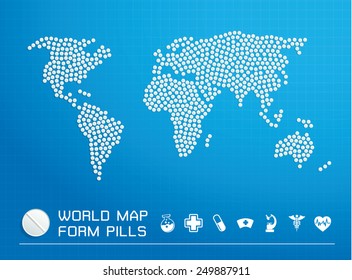 world map form pills on blue background