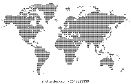 Mapa de mundo formado por linhas pontilhadas horizontais, mas retangulares, e formas geométricas em pixels. Representa fronteiras e territórios internacionais. Ideal para obras de arte digitais cartográficas.