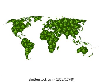 World map formed by marijuana leafs. Vector illustration.