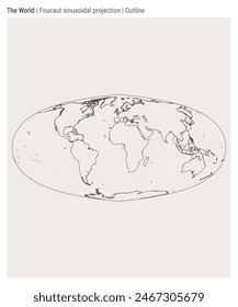 World Map. Foucault sinusoidal projection. Outline style. High Detail World map for infographics, education, reports, presentations. Vector illustration.