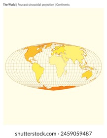 World Map. Foucaut sinusoidal projection. Continents style. High Detail World map for infographics, education, reports, presentations. Vector illustration.