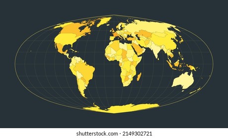 World Map. Foucaut's sinusoidal projection. Futuristic world illustration for your infographic. Bright yellow country colors. Creative vector illustration.
