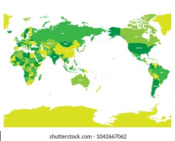 World map in four shades of green on white background. High detail Pacific centered political map. Vector illustration with labeled compound path of each country.