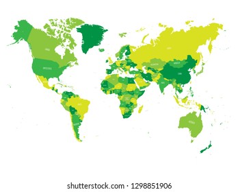 World map in four shades of green on white background. High detail political map with country names. Vector illustration.