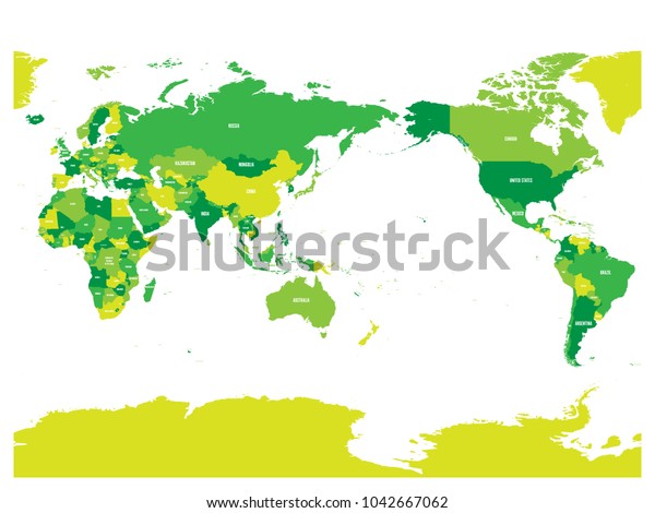World map in four shades
of green on white background. High detail Pacific centered
political map. Vector illustration with labeled compound path of
each country.
