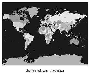 World map in four shades of grey on dark background. High detail blank political map. Vector illustration.