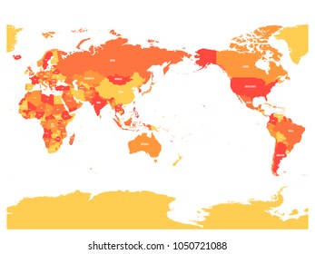 World map in four shades of orange on white background. High detail Pacific centered political map. Vector illustration with labeled compound path of each country.