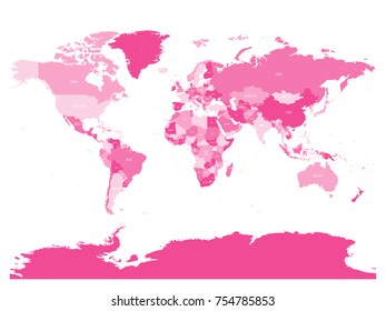 World map in four shades of pink on white background. High detail political map with country names. Vector illustration.