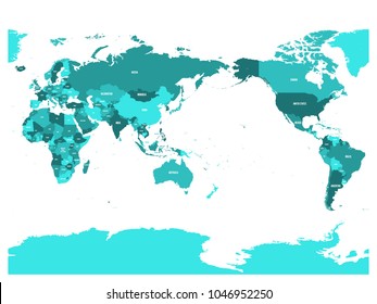 World map in four shades of turquoise blue on white background. High detail Pacific centered political map. Vector illustration with labeled compound path of each country.