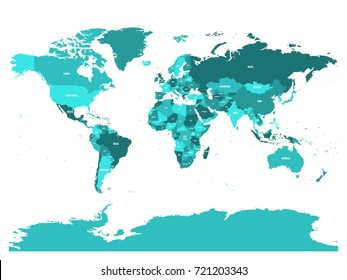 World map in four shades of turquoise blue on white background. High detail political map with country names. Vector illustration.