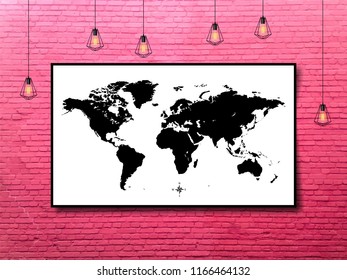 world map in a frame with Edison lamps on a brick wall background in loft style design. stock vector illustration eps10