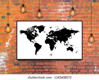 world map in a frame with edison lamps on a brick wall background in loft style design. stock vector illustration eps10