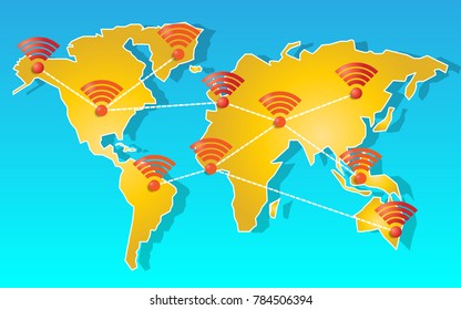 World Map With Free Wifi Icon Symbol. Vector Wifi Sign With Wave Signal Icon Background For Placards , Banners, Presentations, Reports, Card And Wallpaper. Vector Illustration.