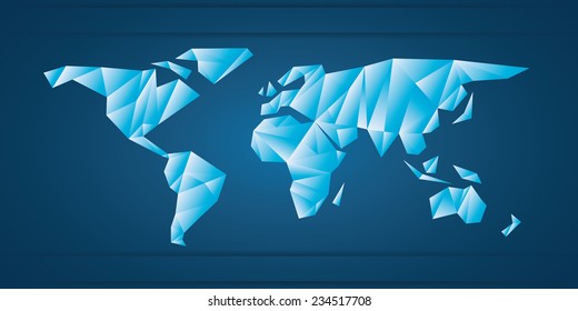 World Map frozen triangles of continents, blue and white