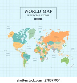World Map Full Color High Detail Separated all countries Vector Illustration