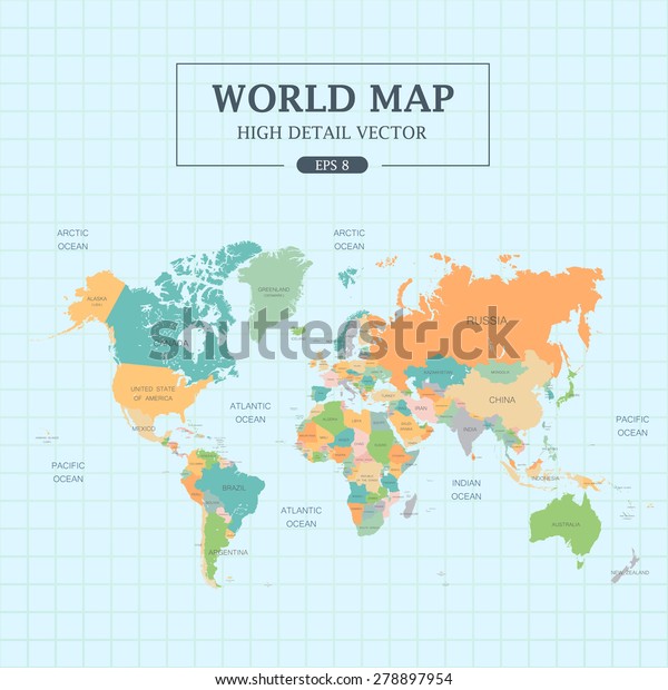 World Map Full Color High Detail Separated all countries Vector Illustration. Wallpaper for walls.