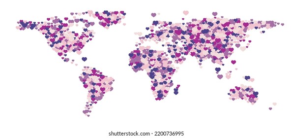 World Map Full Of Pink And Purple Heart Symbols. Abstract Planet Earth Vector Illustration Of Love, Tolerance, Peace, And Harmony